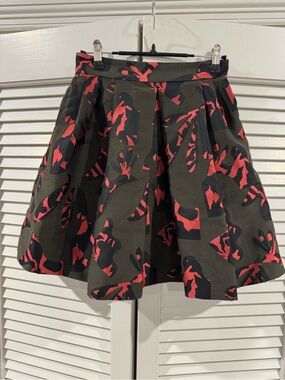 Banana Republic Olive Green Skater Skirt with Red and Black Abstract Print